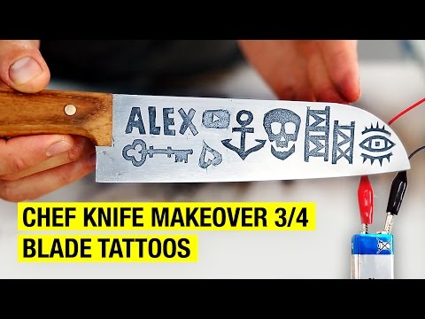 How to Tattoo a Chef Knife Blade with Metal Etching ! Chef Knife Makeover 3/4