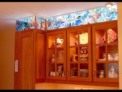 Kitchen cabinet faux stained glass and LED lighting