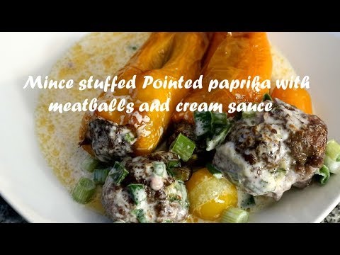 Mince stuffed Pointed paprika with meatballs and cream sauce recipe