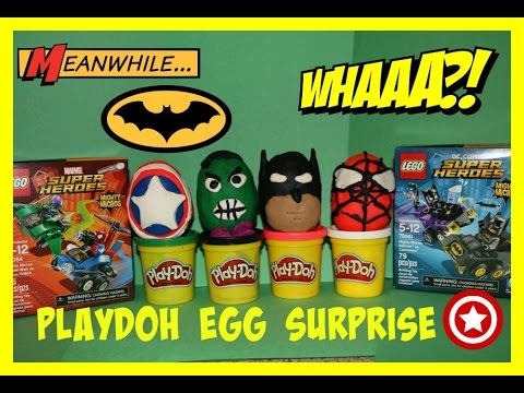 Play Doh Egg Toy Surprise | LEGO SUPERHEROES BATMAN CATWOMAN SPIDERMAN GREEN GOBLIN MARVEL