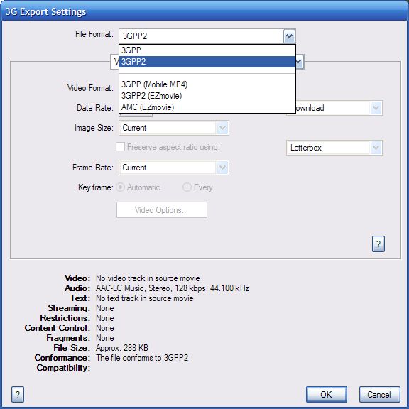 Quicktime Export dialog box selecting 3gpp2.jpg