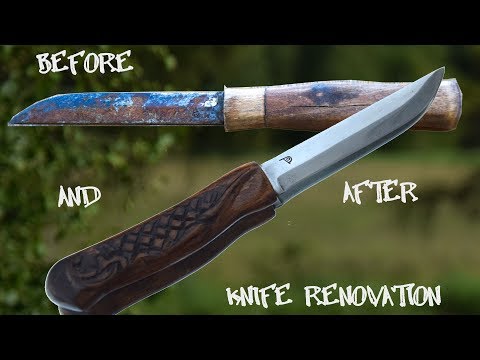 Restoration of rusty knife into shiny one with carved handle (ASMR DIY project)