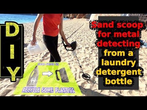 Sand scoop for metal detecting from a laundry detergent bottle