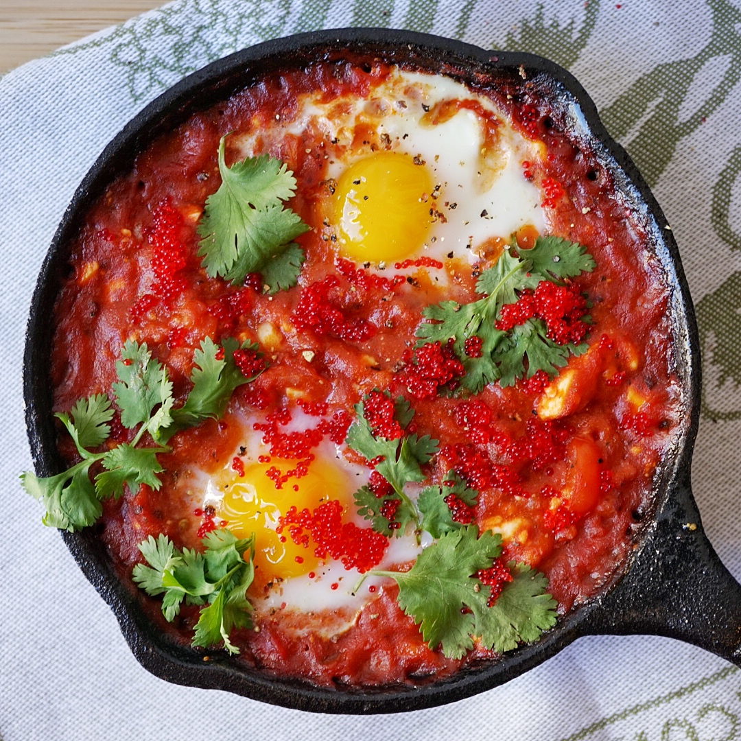 Shakshuka topped with Tobiko overhead shot.jpg