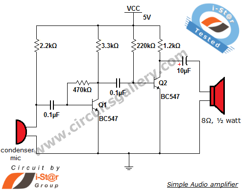 Simple condenser microphone mini audio sound amplifier circuit schematic with BC547.png