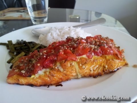 Tantalizing Baked Salmon Meal #1 - 'baby tomato &amp;amp; herb crusted' with rice and roasted asparagus