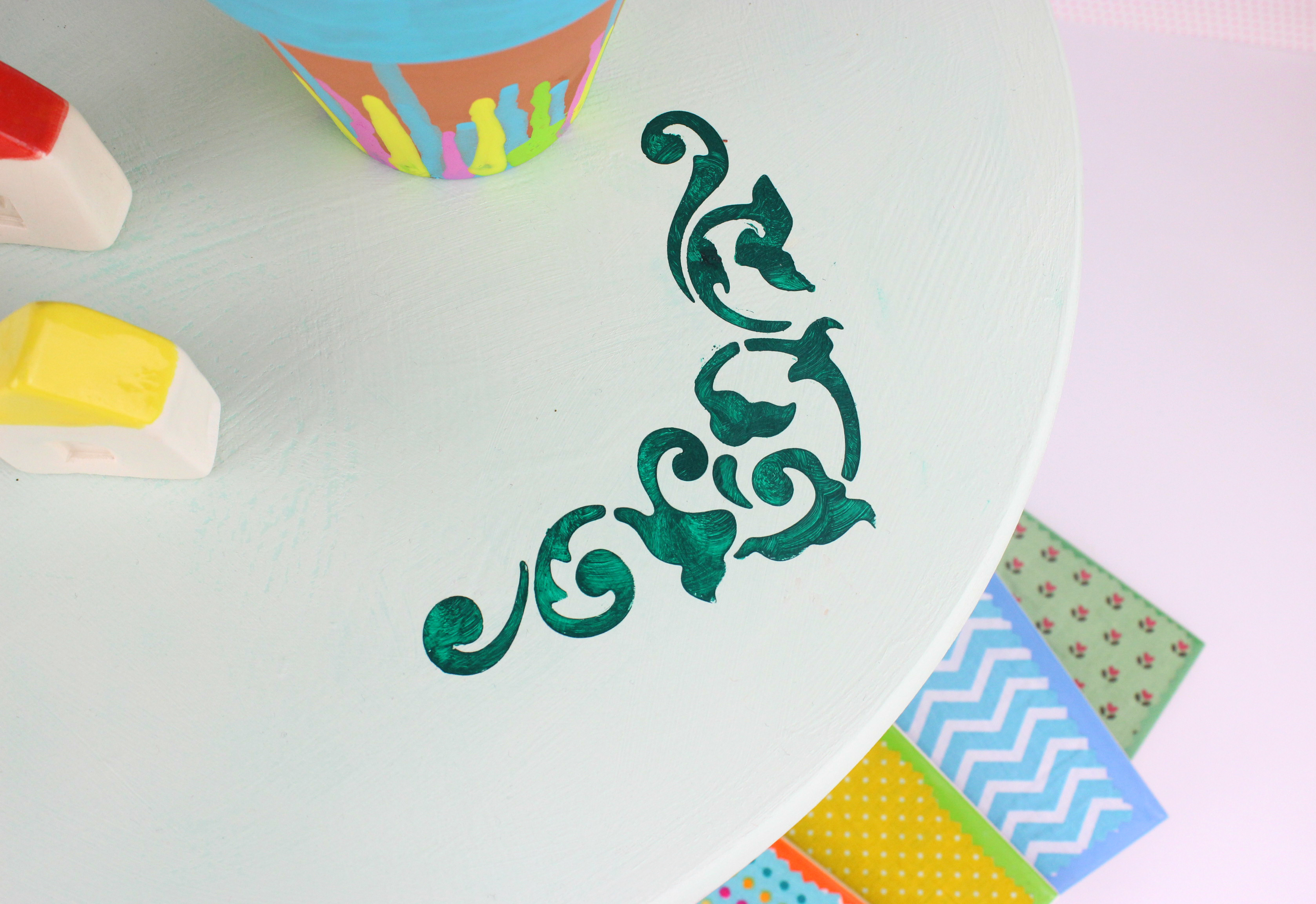 diy stensil painted cake stand.JPG