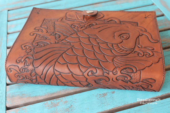 leather tool tooling tutorial fish koi japanese hibiscus flowers water waves carving veg tan antique neatsfoot oil book cover journal tandy leather (7).JPG