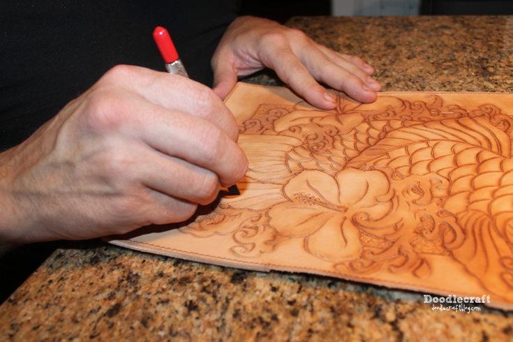 leather tooling carving book cover Asian Koi fish hibiscus flower waves (12).JPG