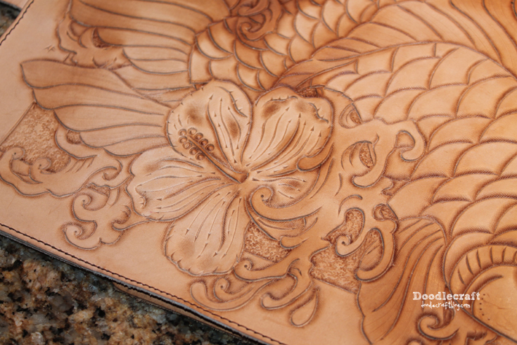 leather tooling carving book cover Asian Koi fish hibiscus flower waves (16).JPG