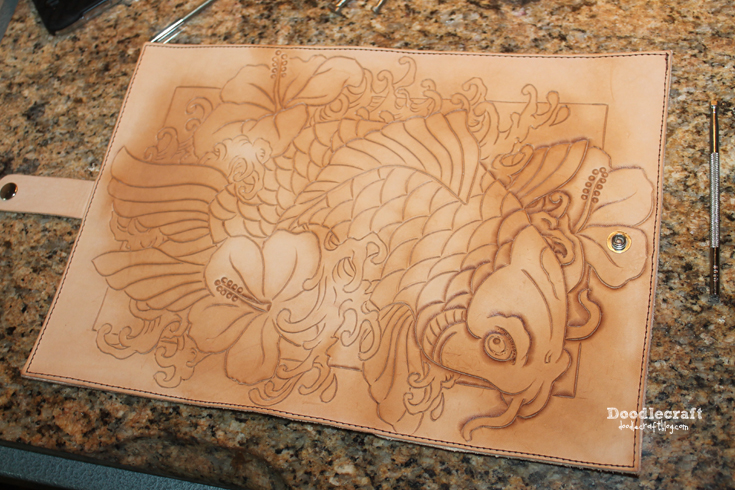 leather tooling carving book cover Asian Koi fish hibiscus flower waves (17).JPG