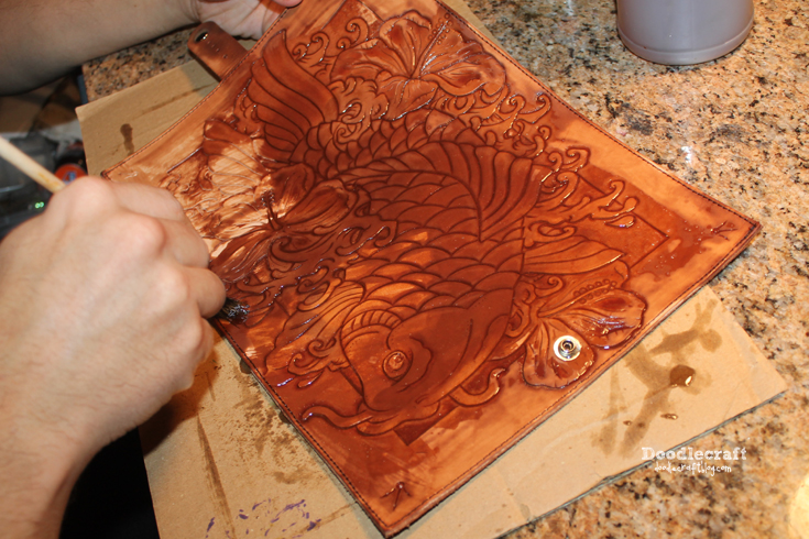 leather tooling carving book cover Asian Koi fish hibiscus flower waves (20).JPG