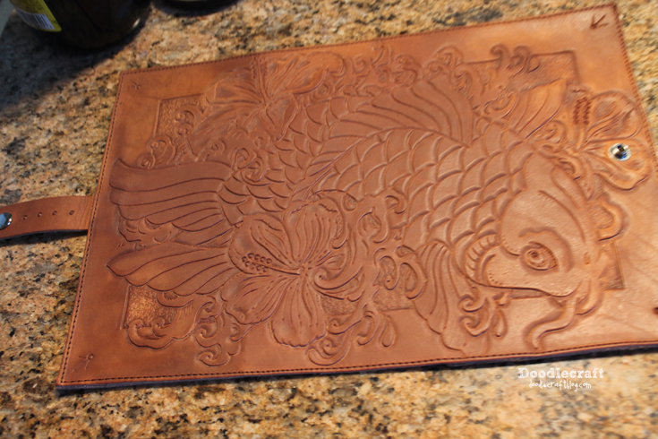 leather tooling carving book cover Asian Koi fish hibiscus flower waves (23).JPG