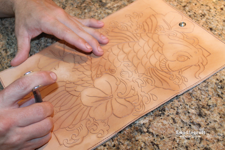 leather tooling carving book cover Asian Koi fish hibiscus flower waves (6).JPG