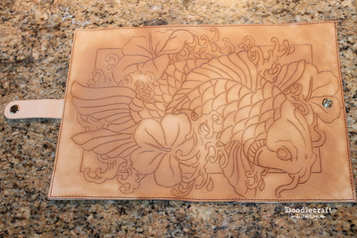 leather tooling carving book cover Asian Koi fish hibiscus flower waves (7).JPG