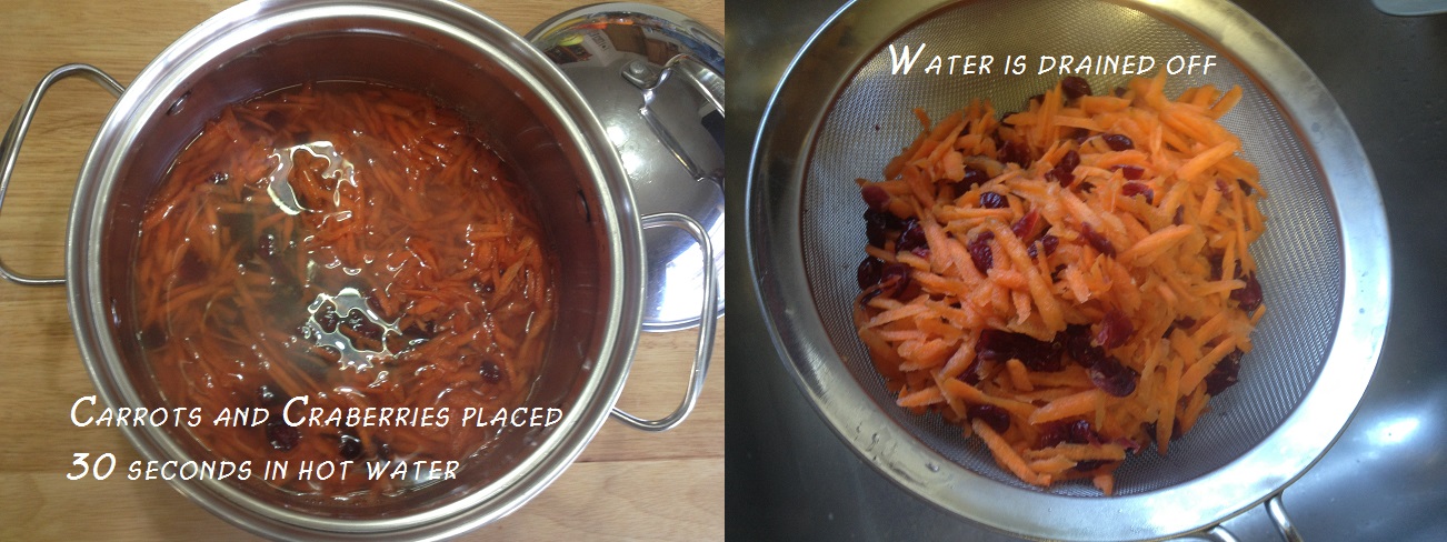 placing grated carrot and dried cranberries in hot water.JPG