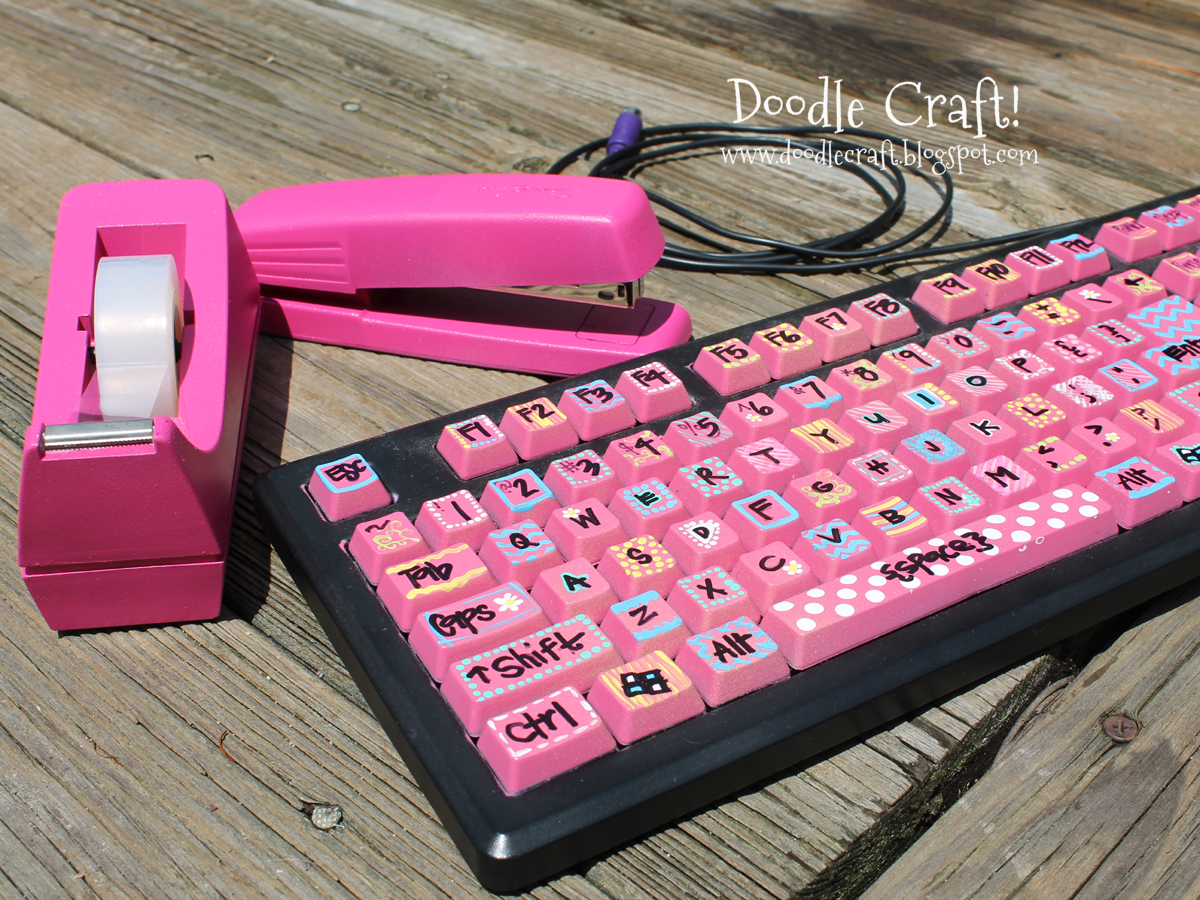 upcycled keyboard stapler and tape dispenser poppin hot pink.jpg