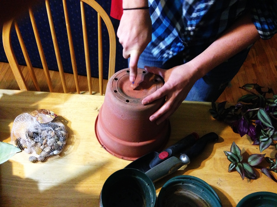 wick hydroponic system cutting hole in pot for wick.JPG