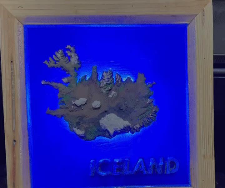 RGB LED 3D Printed Iceland Topographic Map Inlayed W/Epoxy