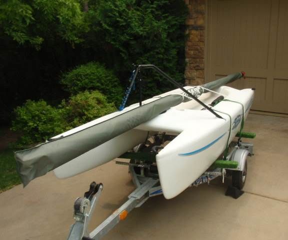 Ratcheting Truckers Hitch used to Secure Cargo such as a Mast on a Trailered  Hobie Bravo