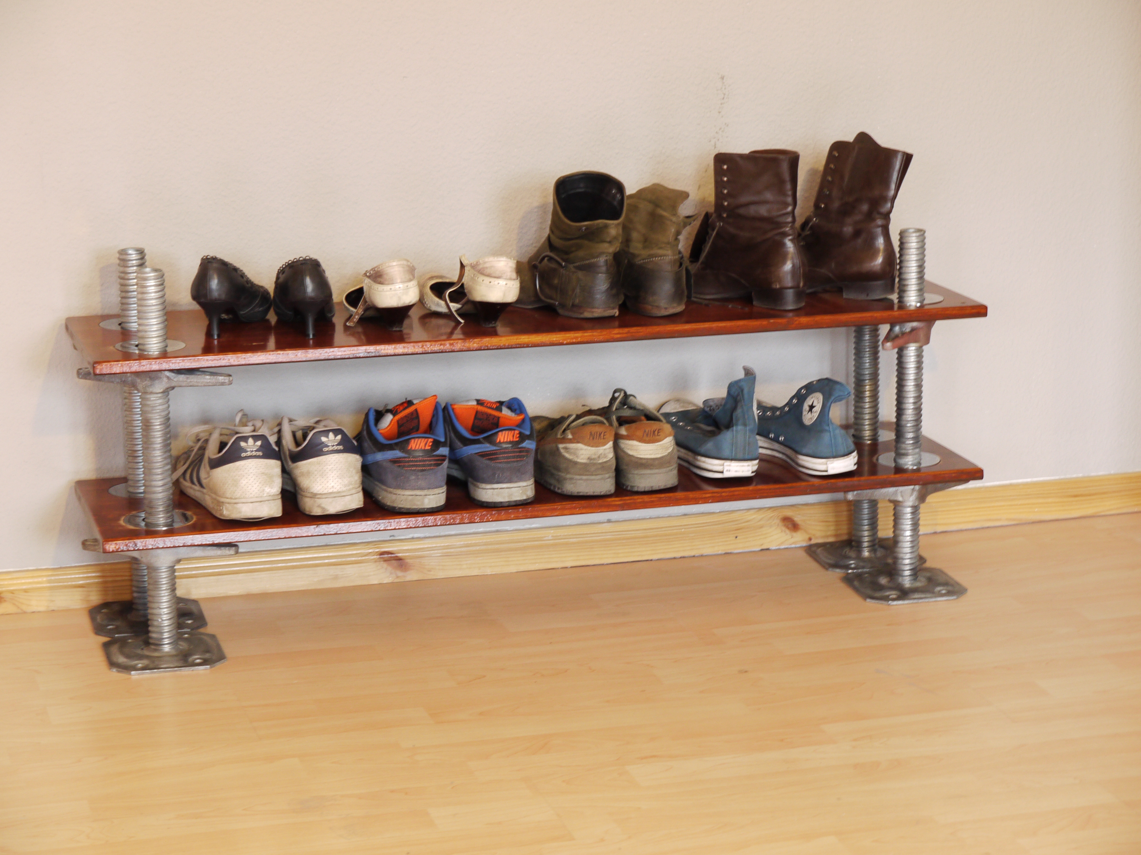 Happy Wife-Happy Life! Easy to Do Hight Adjustable Shoe Shelf, Made From Scaffolding Parts, With Polished Stainless Steel Rings on Top