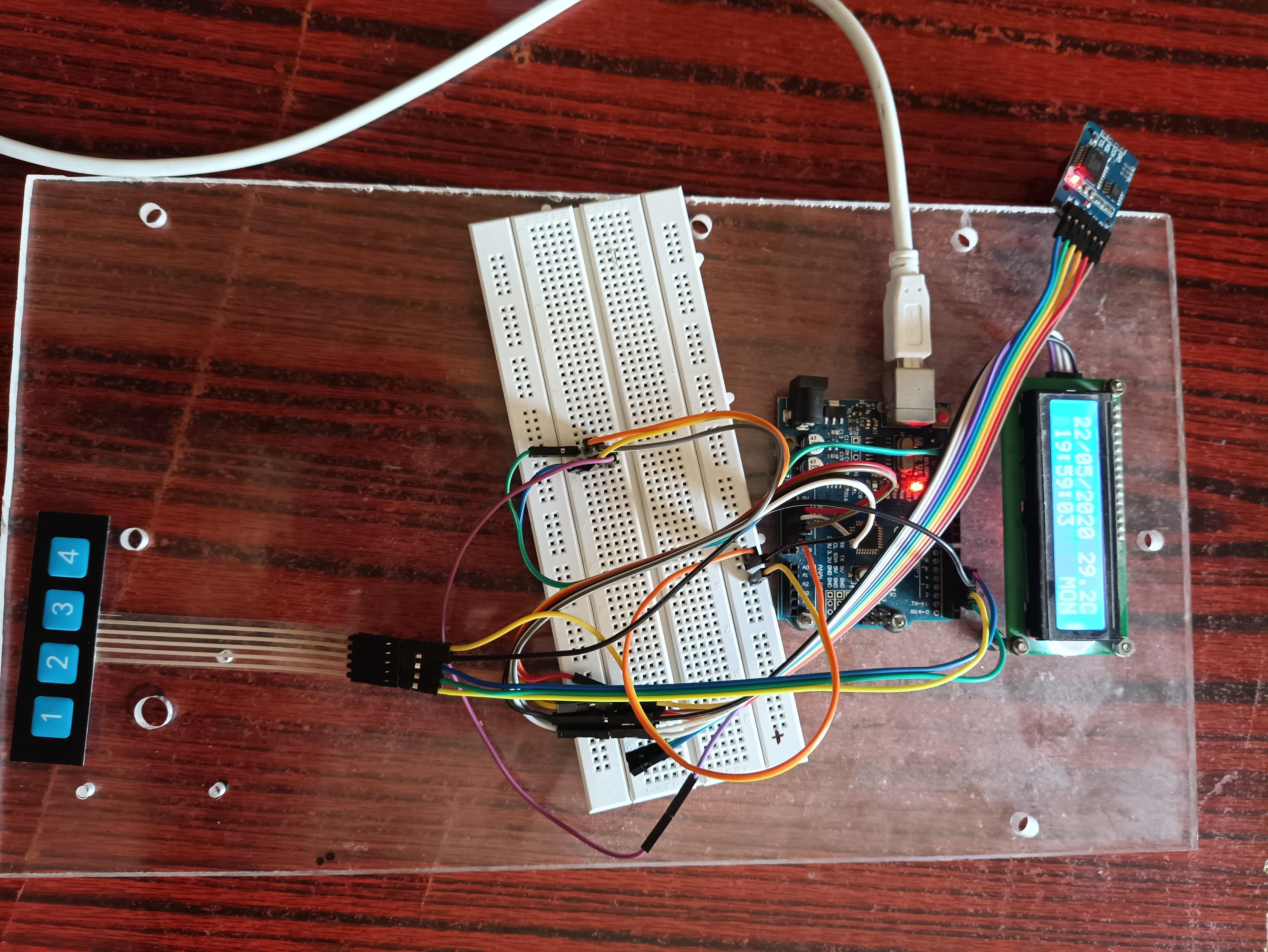 Arduino Uno Based Digital Clock, Calendar Cum Temperature Indicator Using DS3231 RTC Module, I2C 16x4 LCD and 1x4 Keypad