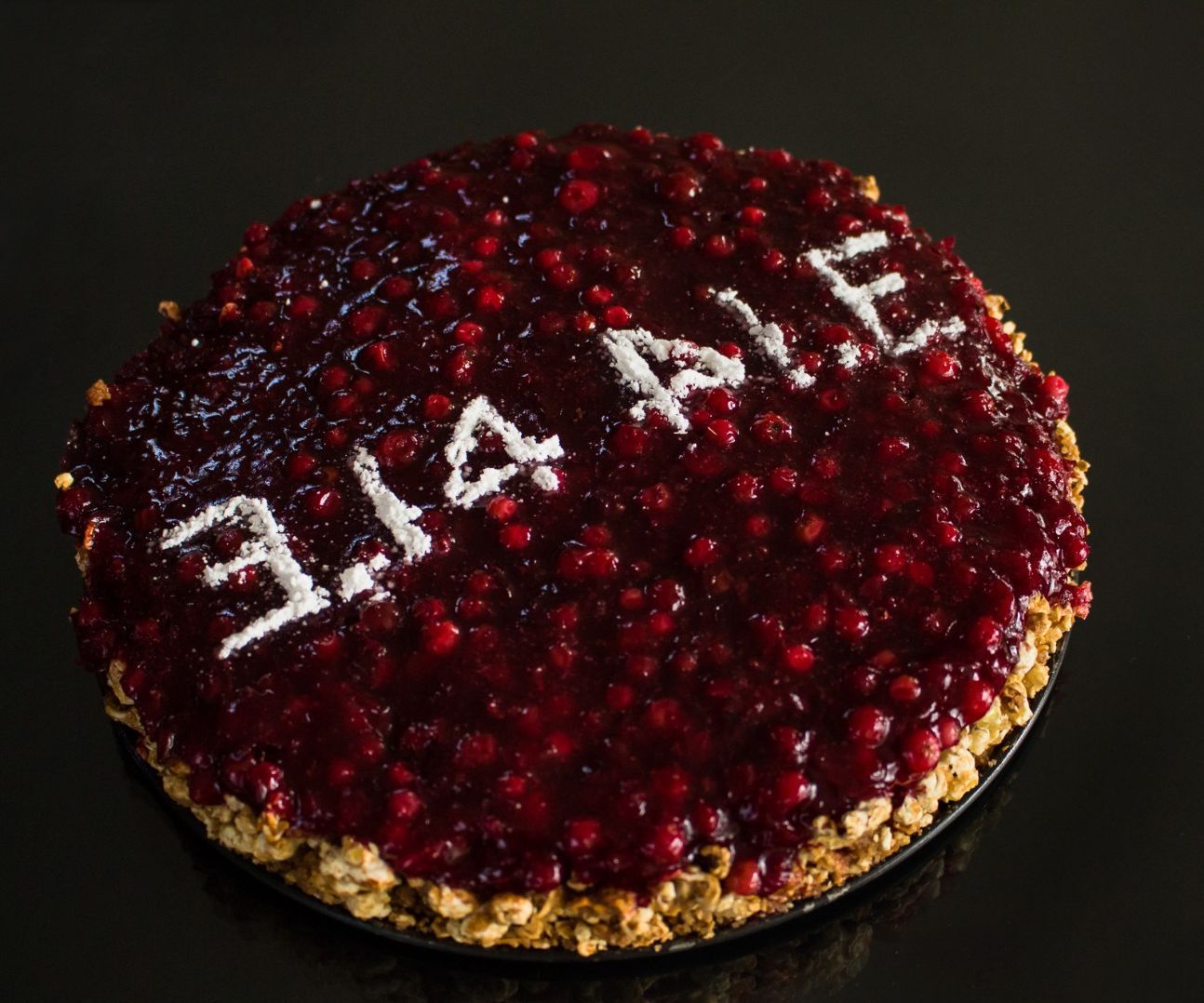 The SymmetriPi: tangy chocolate and cranberry pie with popcorn crust