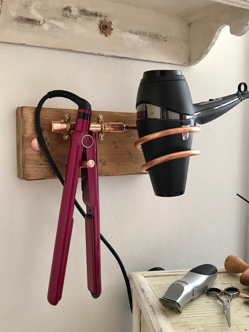 Hair Dryer and Hair Straightener Holder, Blow Dryer Holder, Hairdressing Wall Hung Kit Holder, Solid Wood, soft light oak finish.jpg