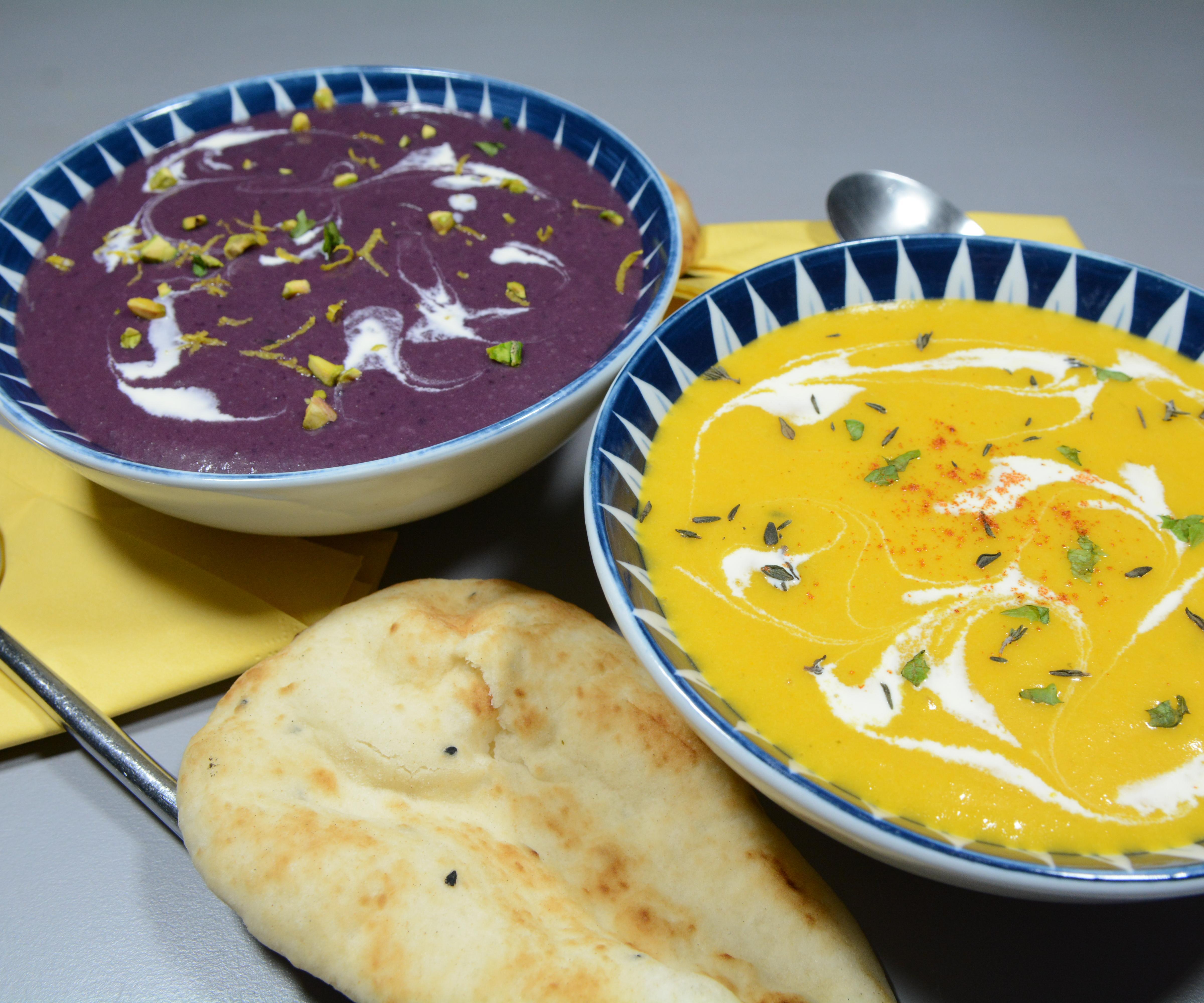 Carrot and Potato Soup Two Ways - Yellow and Purple 