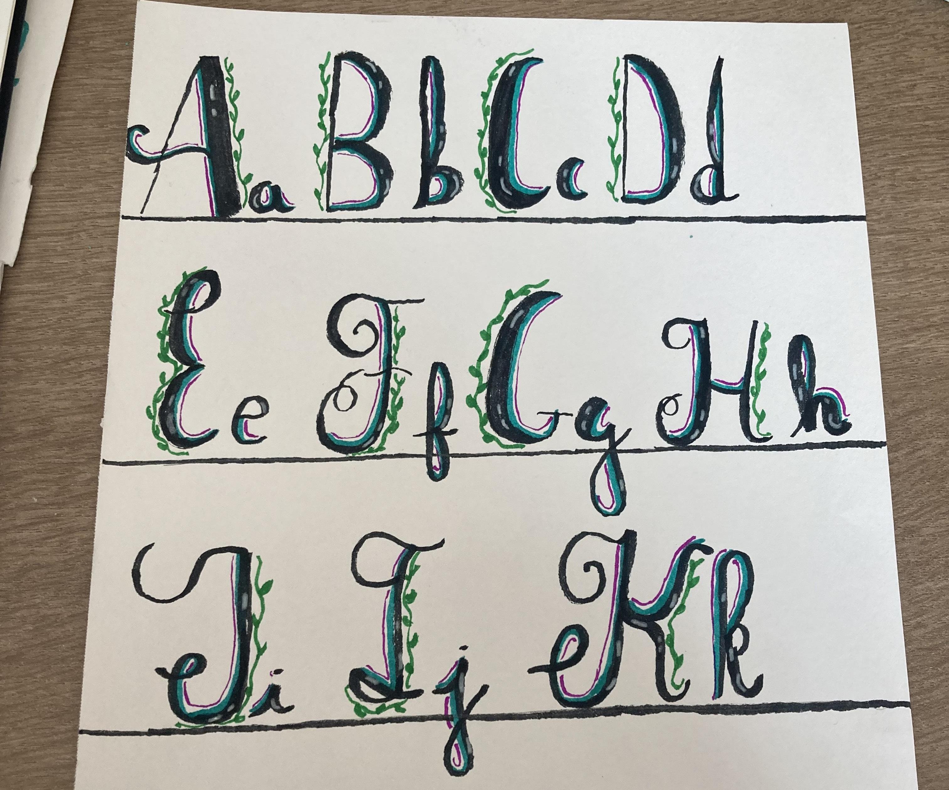 How to Make the Calligraphy Alphabet A-M Capitals and Lowercase, Using Brush Pens.