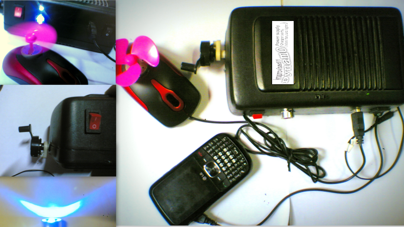 IMPROVISED DYNAMO POWER SUPPLY(with charger ports,led light,mini fan)