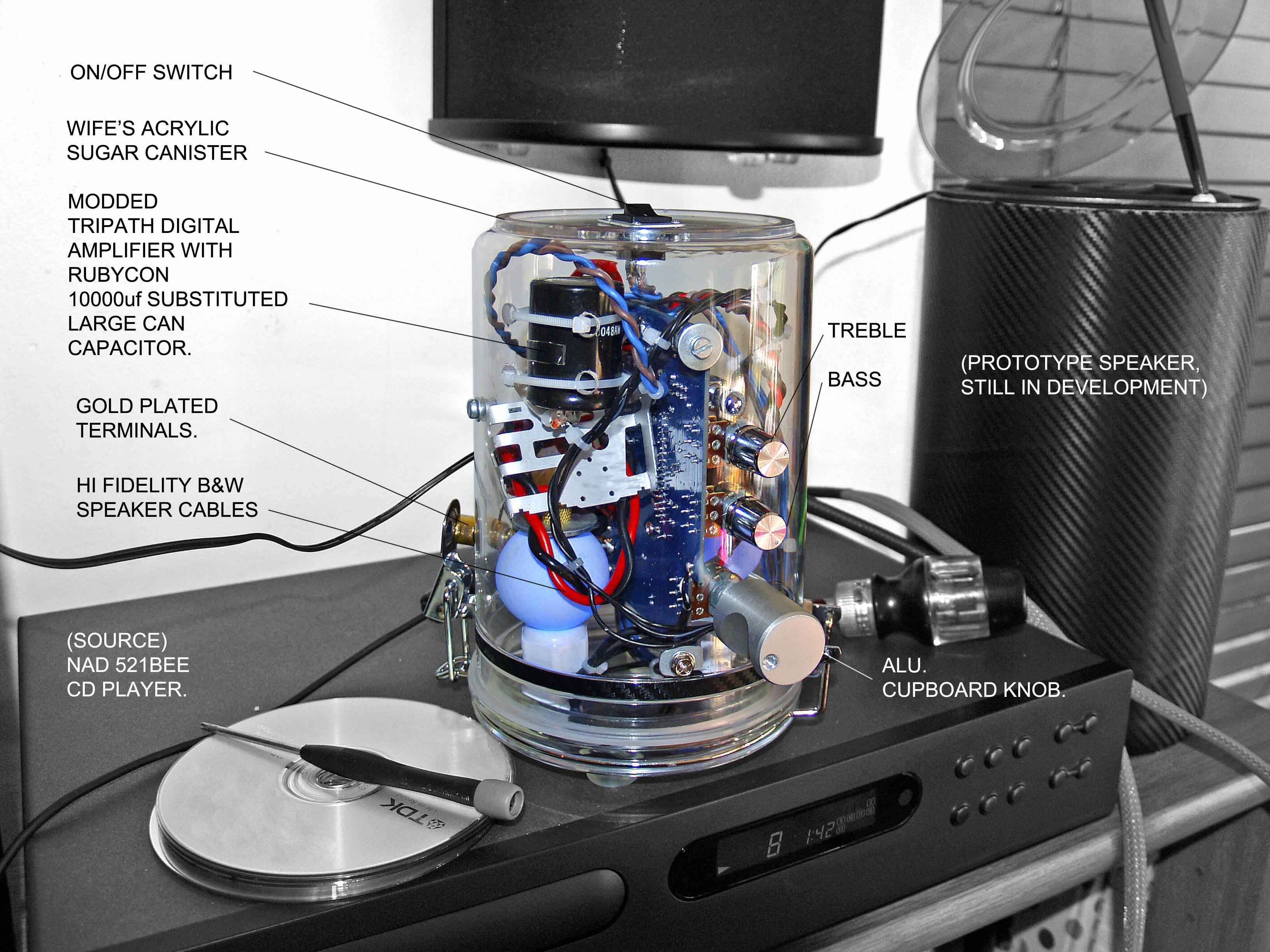 HOME MADE TRIPATH STEREO AMPLIFIER IN AN ACRYLIC SUGAR JAR!