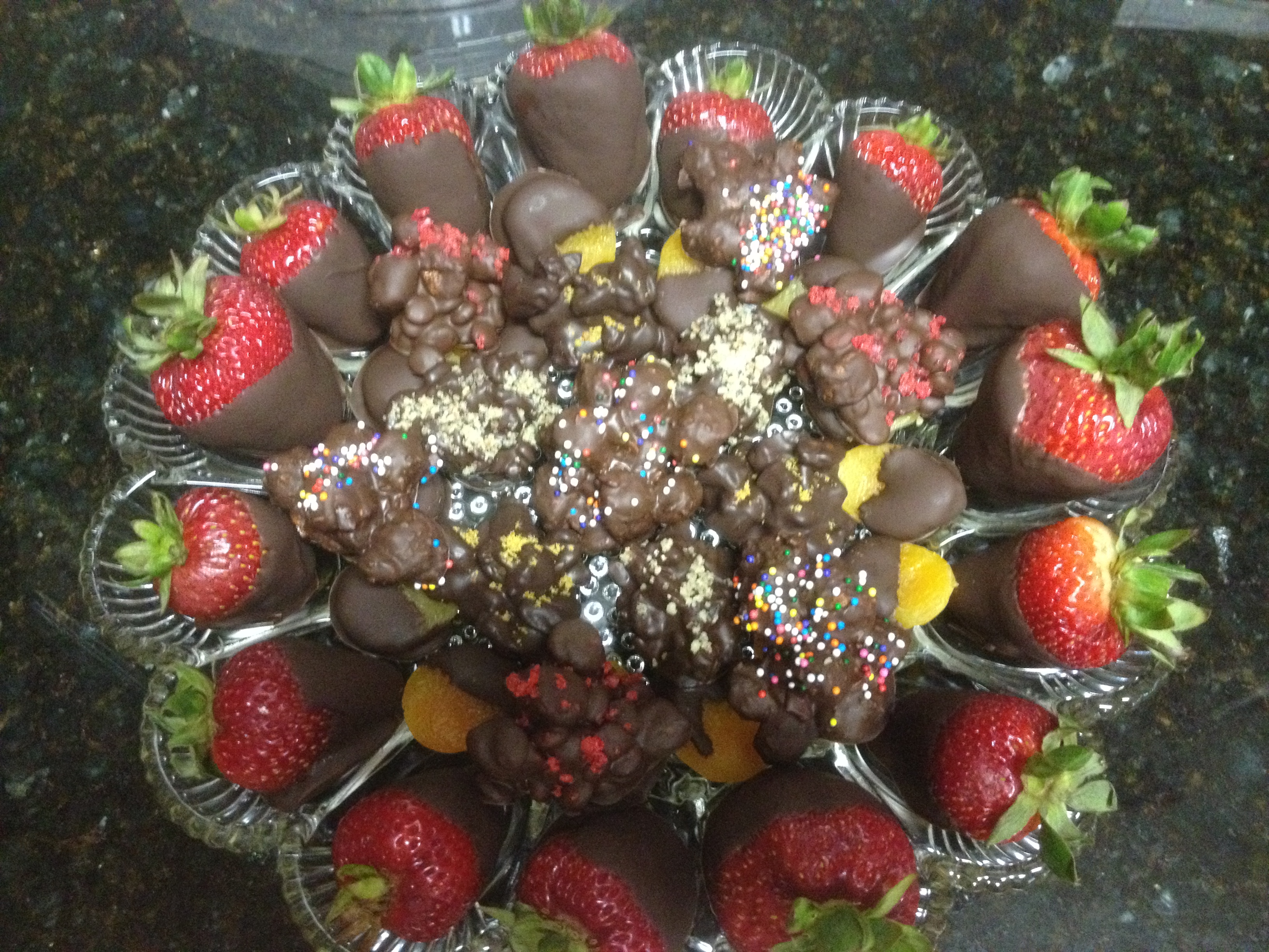Chocolate dipped fruit and clusters