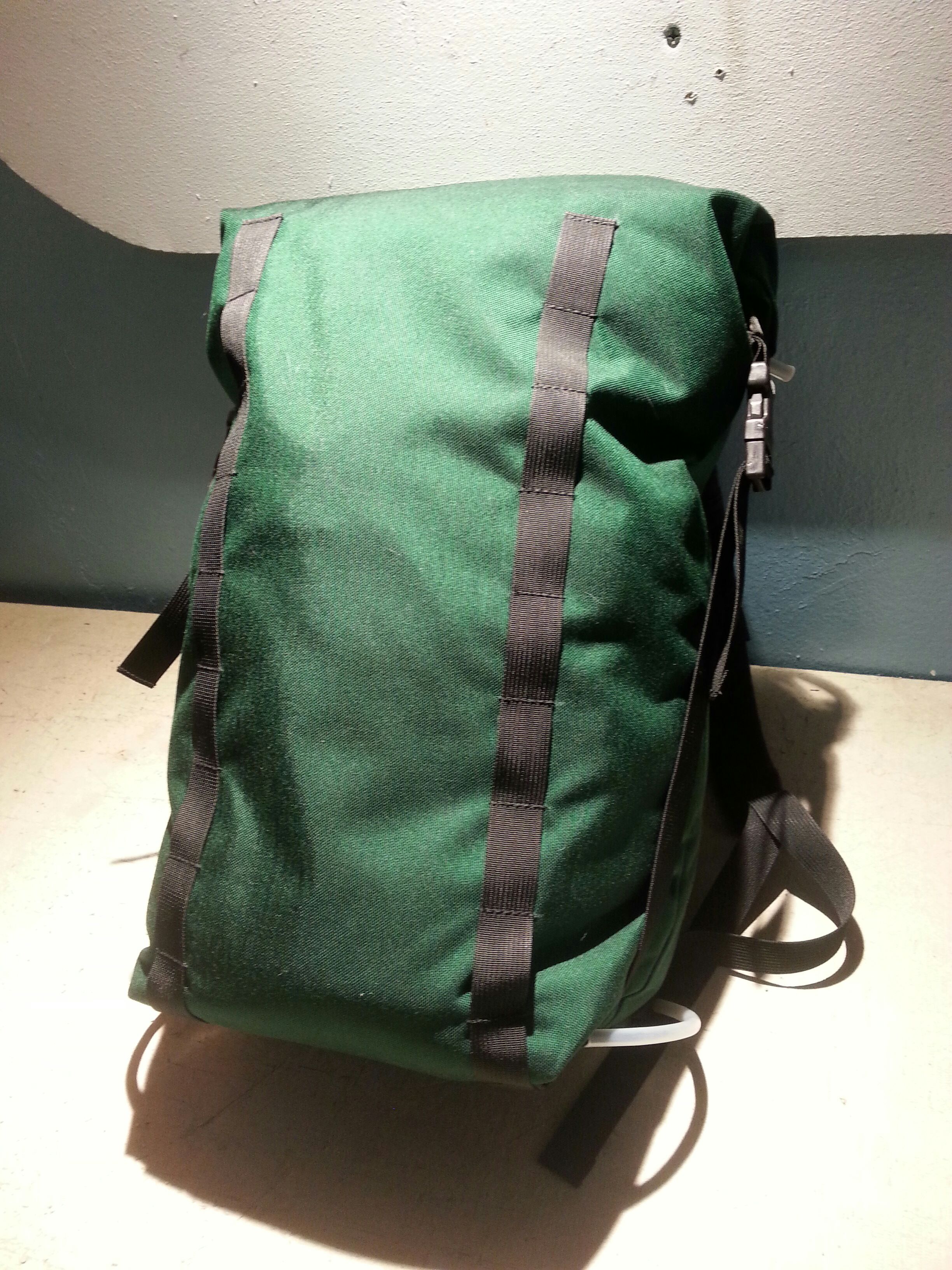 Sew a 20L simple roll top backpack base with a pocket for frame, can make a climbing, weatherproof, hiking, city bag, or a combo of these. (climbing mod shown)