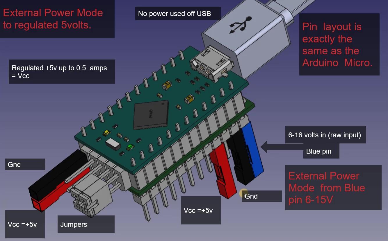 External power In Blue pin 6 to16 volts . 5 volts out red pin (Vcc) regulator. Voltage out is 5 volts.Up to 500ma_Moment.jpg