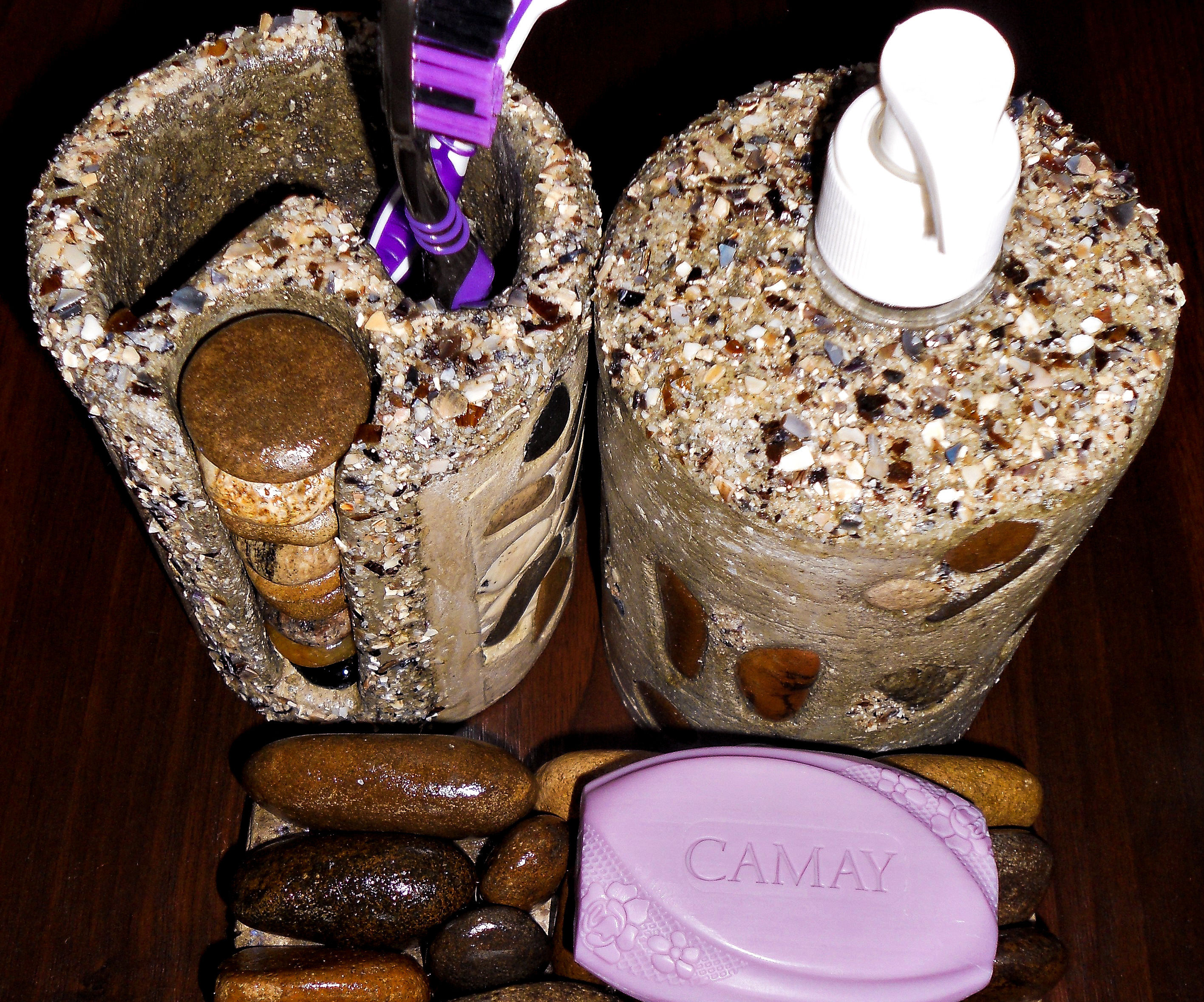 Concrete & Pebble Bath Set: Toothbrush Stand, Soap Stand, Soap Dispenser