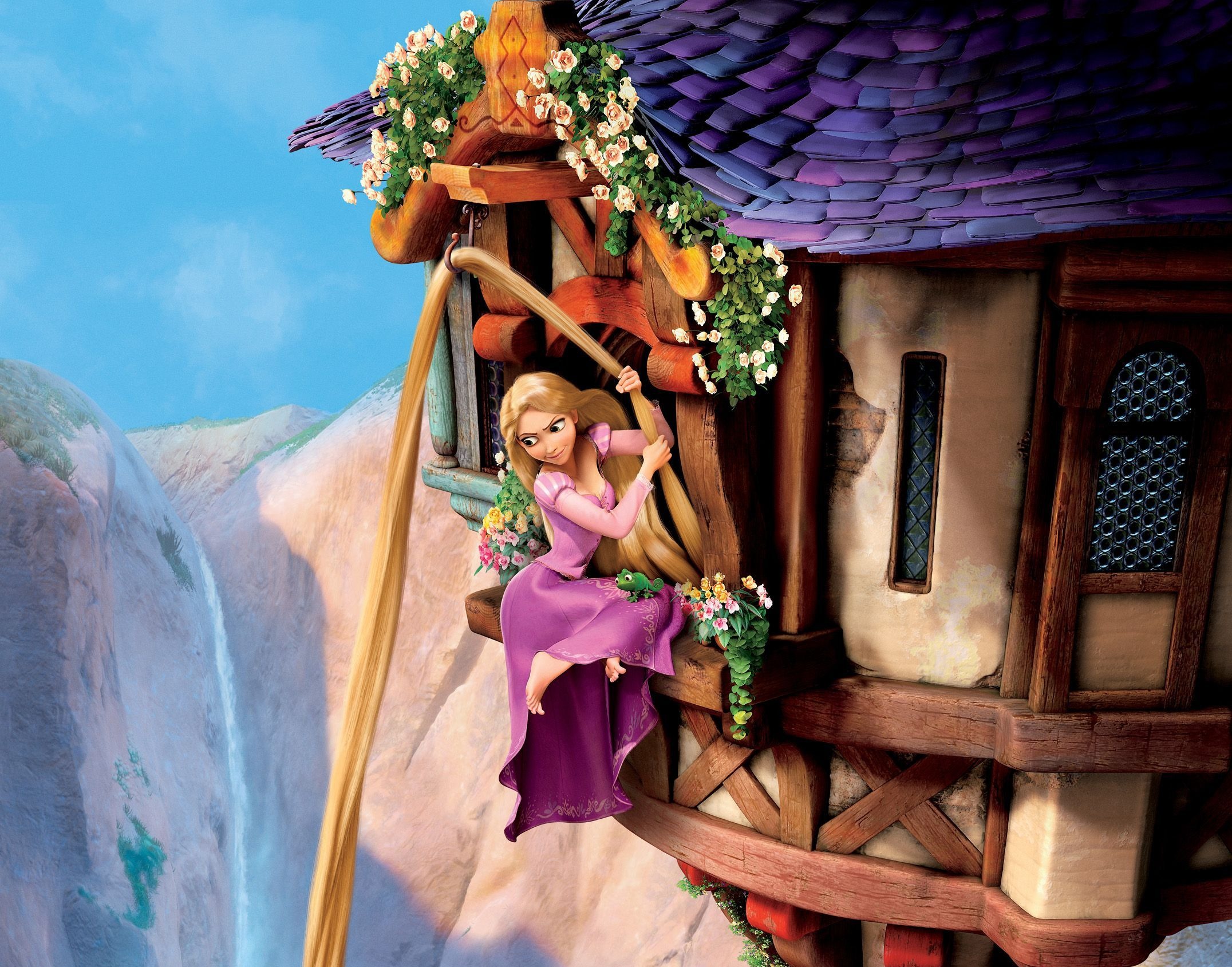 Tangled-complex-story-Rapunzel-Princess-Goldilocks-castle-tower-window-mountains-sky-chameleon-Pascal-hair-flowers.jpg