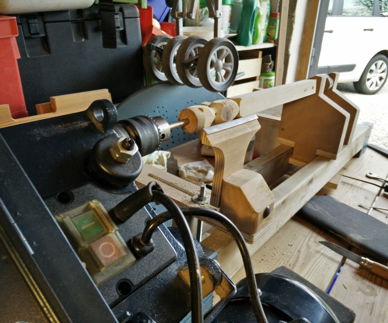 Drill press to lathe with a bit of scrap wood