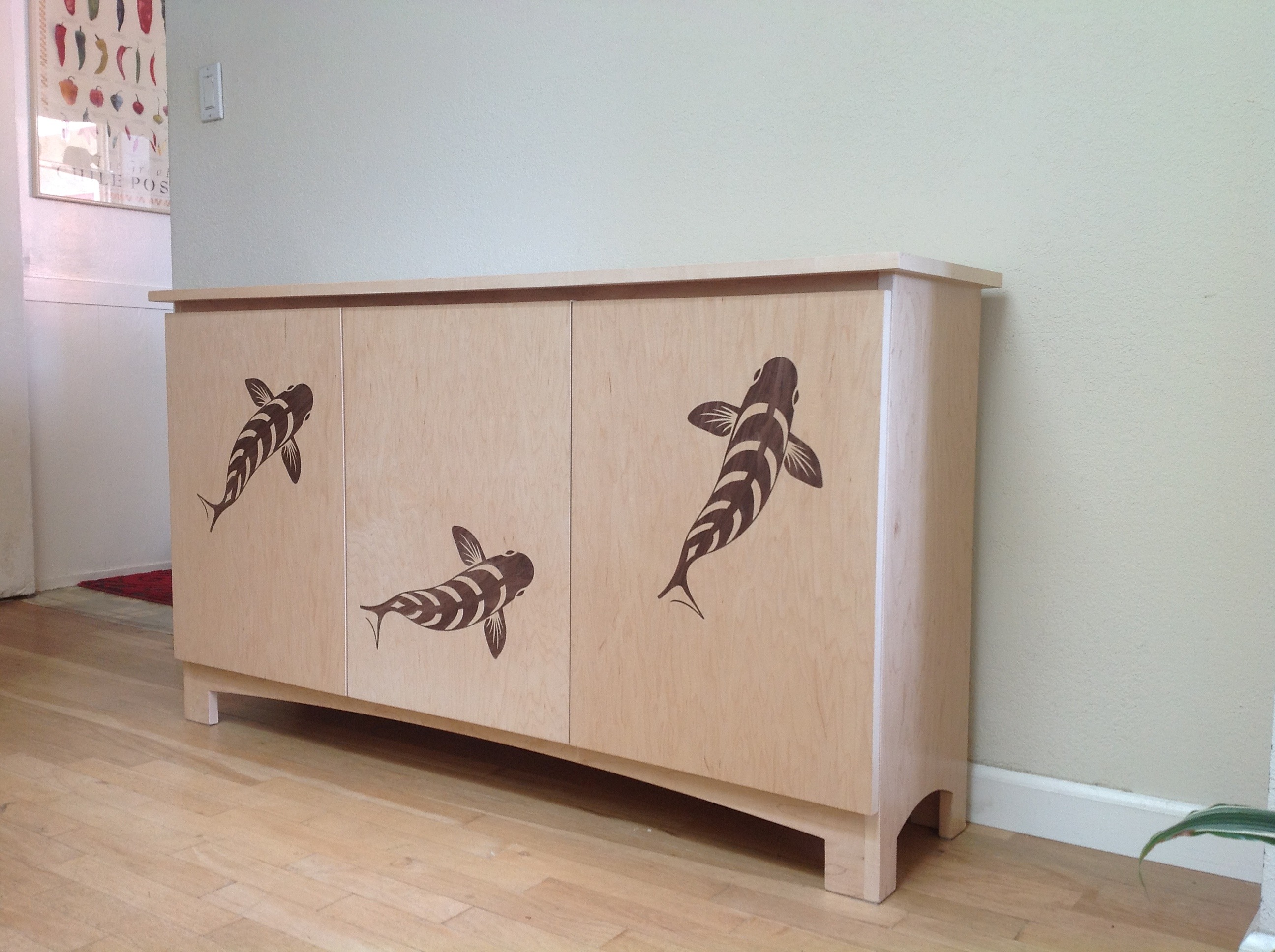 Apartment Sized Sideboard With Koi Veneer Pictorial Inlay - CNC and Laser