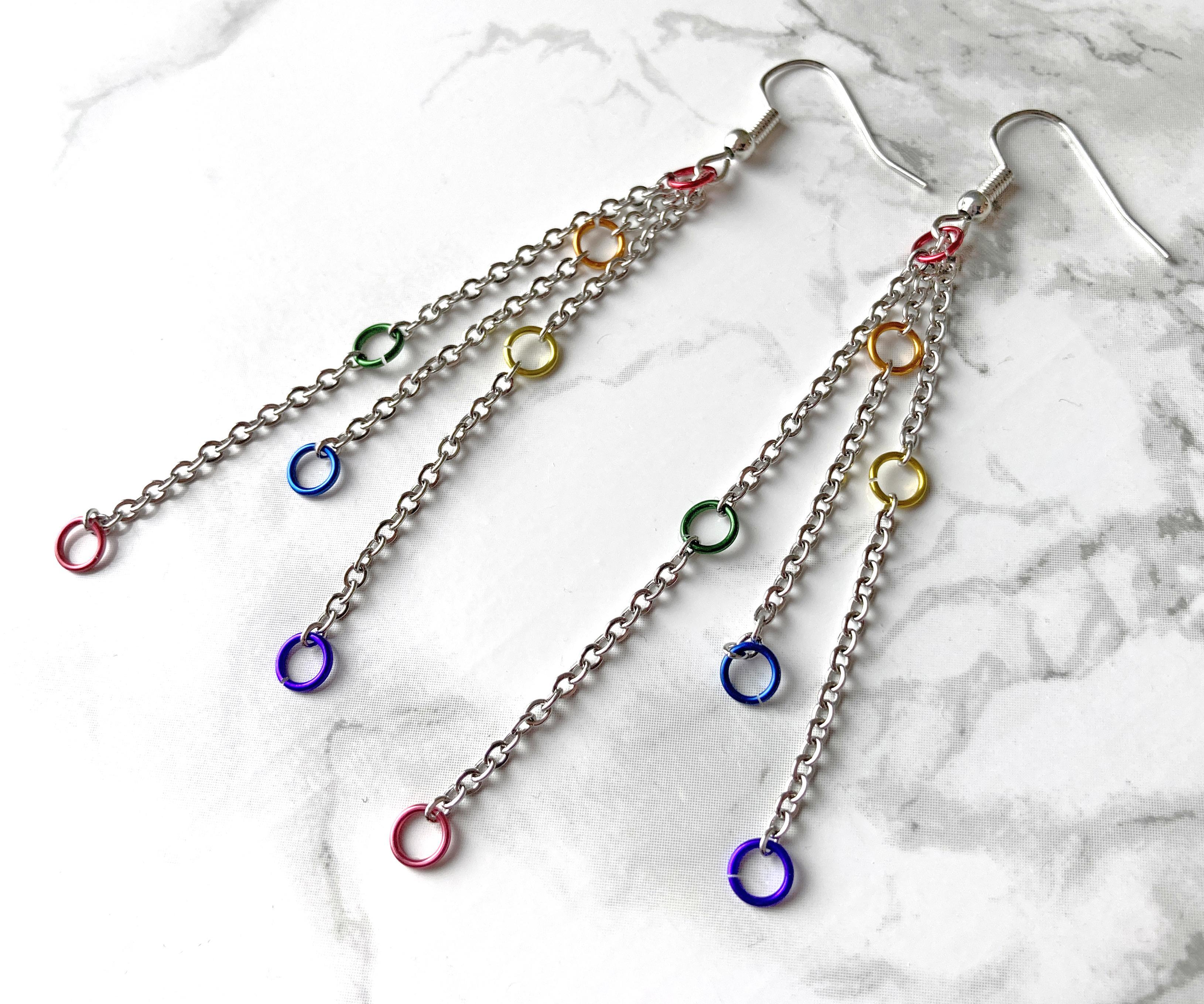 Dangle Rainbow Jump Ring and Chain Earrings