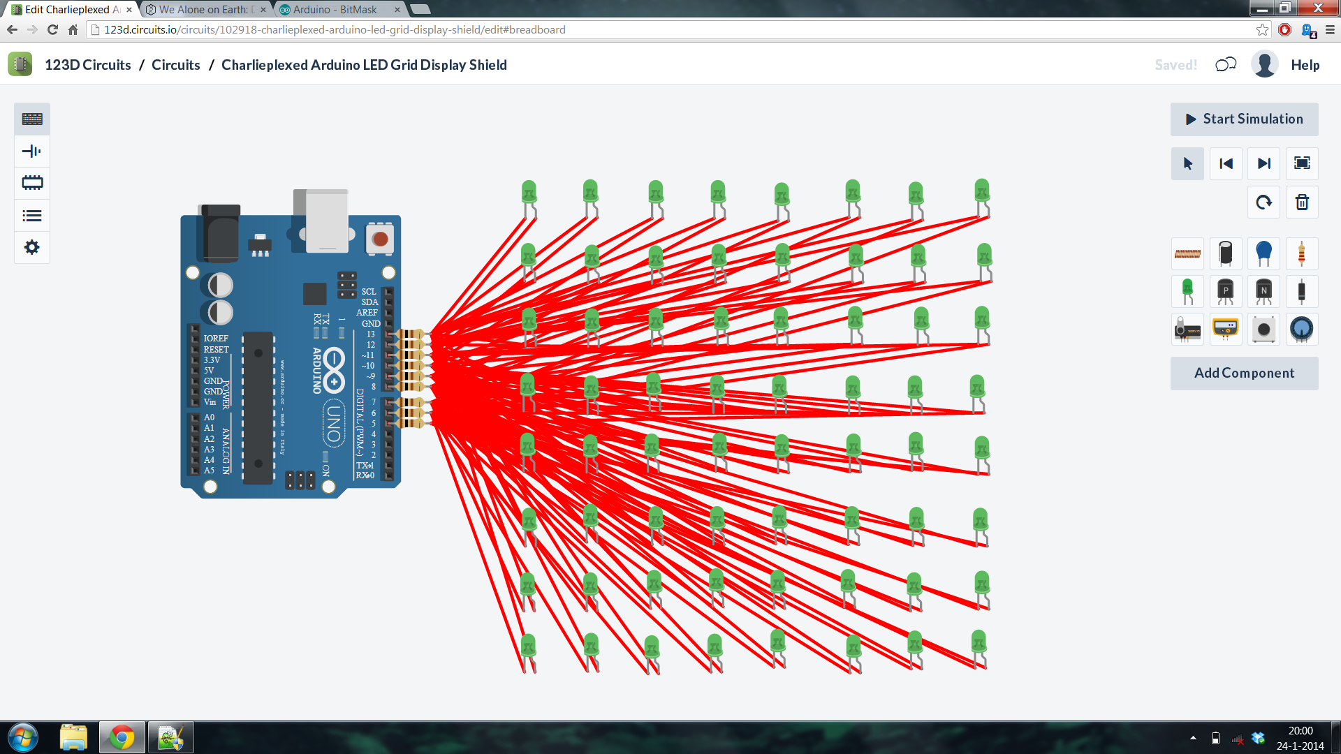 Charlieplexed Arduino 8x8 LED Grid Display Shield Made and Simulated in 123D Circuits