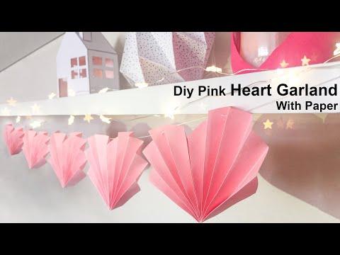 Diy Room Decor! Diy Pink Heart Garland With Paper, Diy Garland Room Decor, Diy Room Decoration Ideas