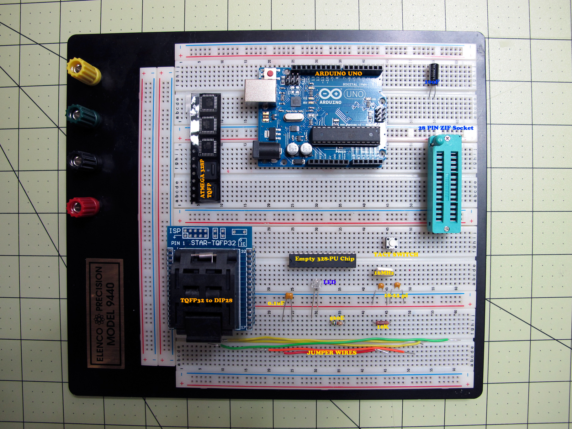 Burn Arduino Bootloader on Atmega-328 TQFP and DIP Chips on Breadboard