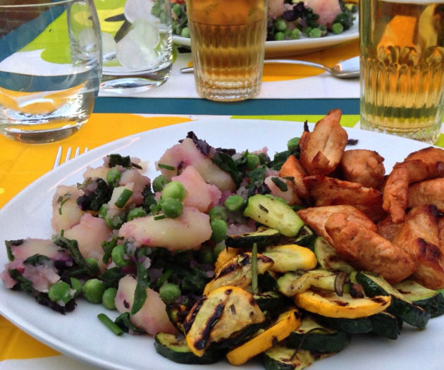 Garden potato salad with grilled marinated courgettes