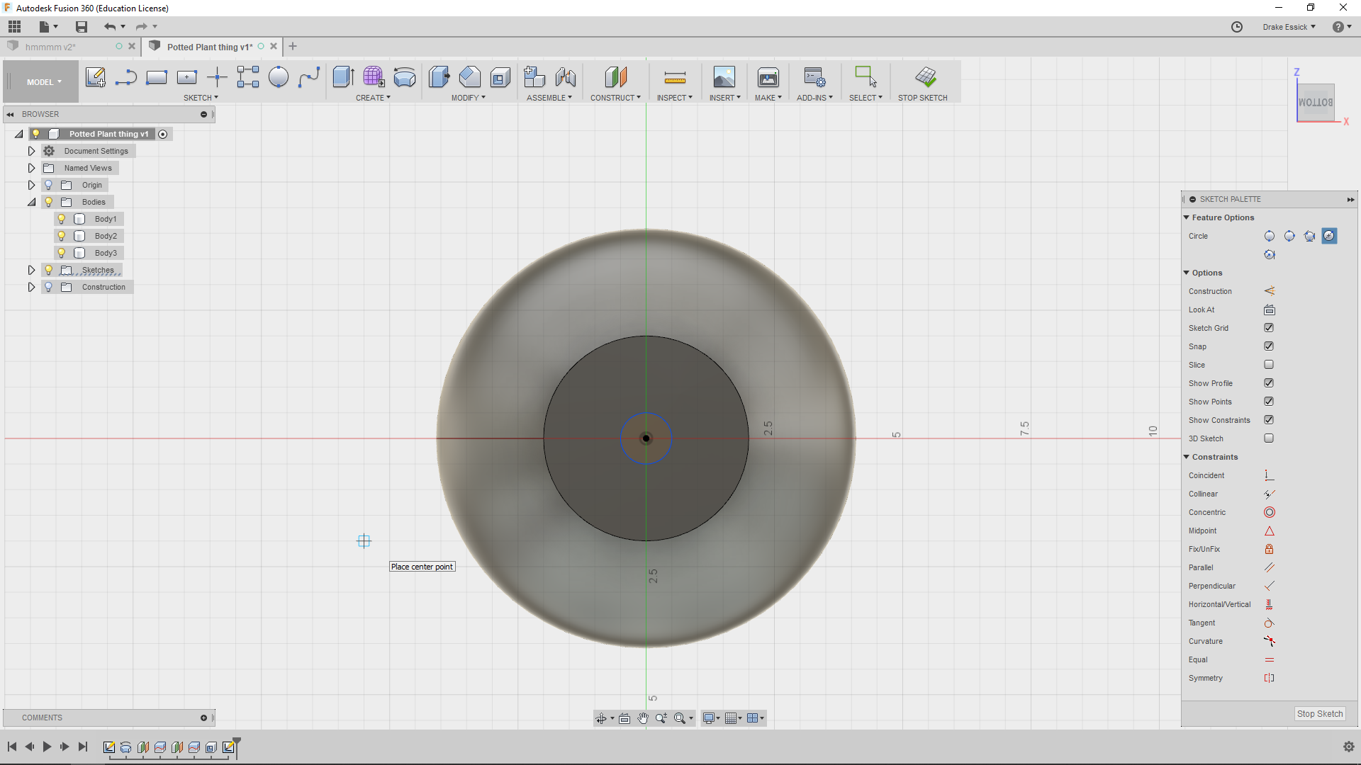 reenable the bodies and create a sketch at the bottom that is the size of the hole created at the bottom.png