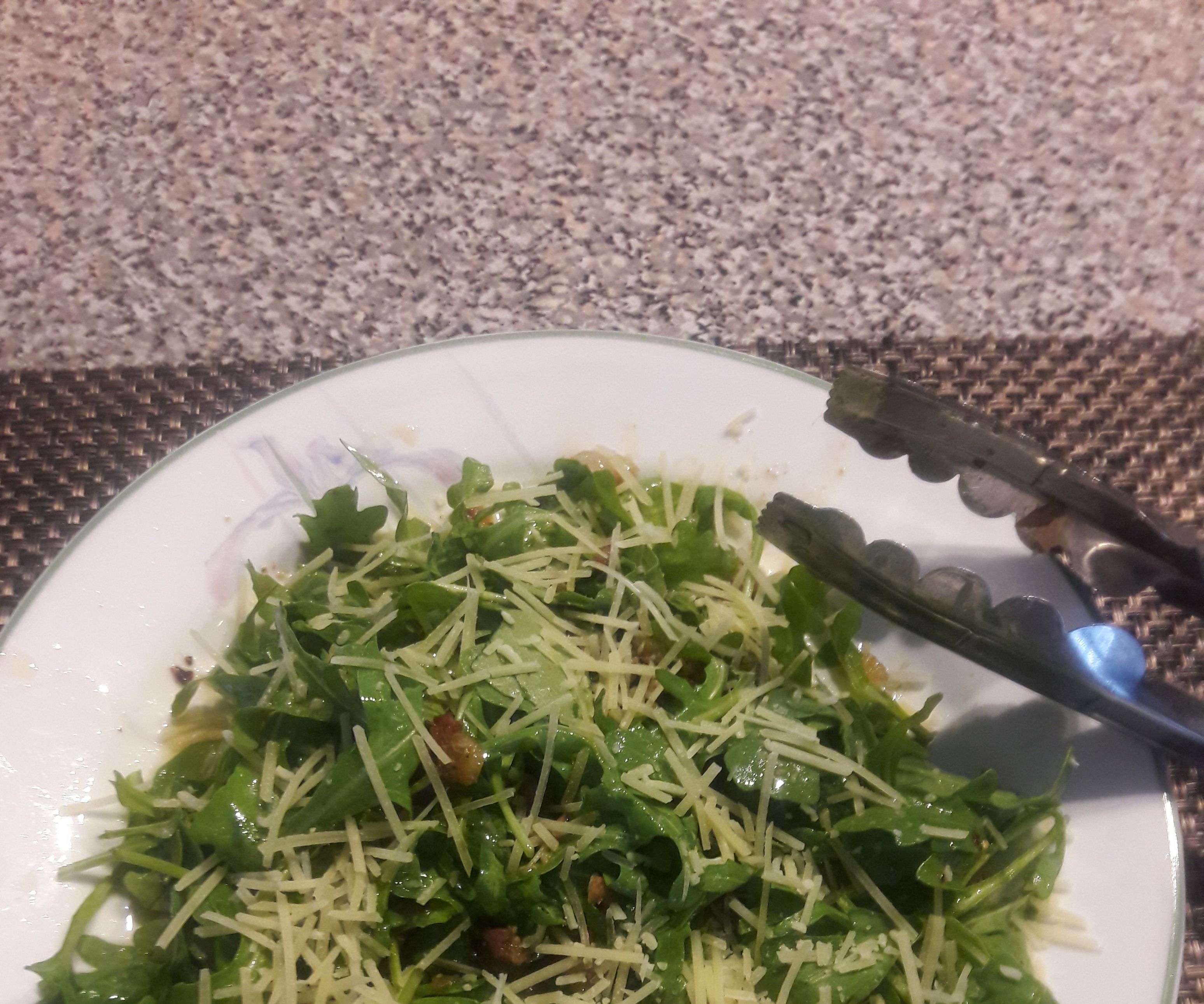 WILTED ARUGULA SALAD WITH PANCETTA, GARLIC & ANCHOVY DRESSING