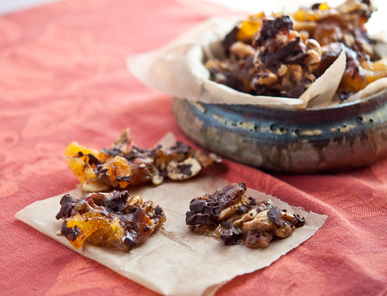 Spicy Bacon Brittle with cashews, apricots, and chocolate
