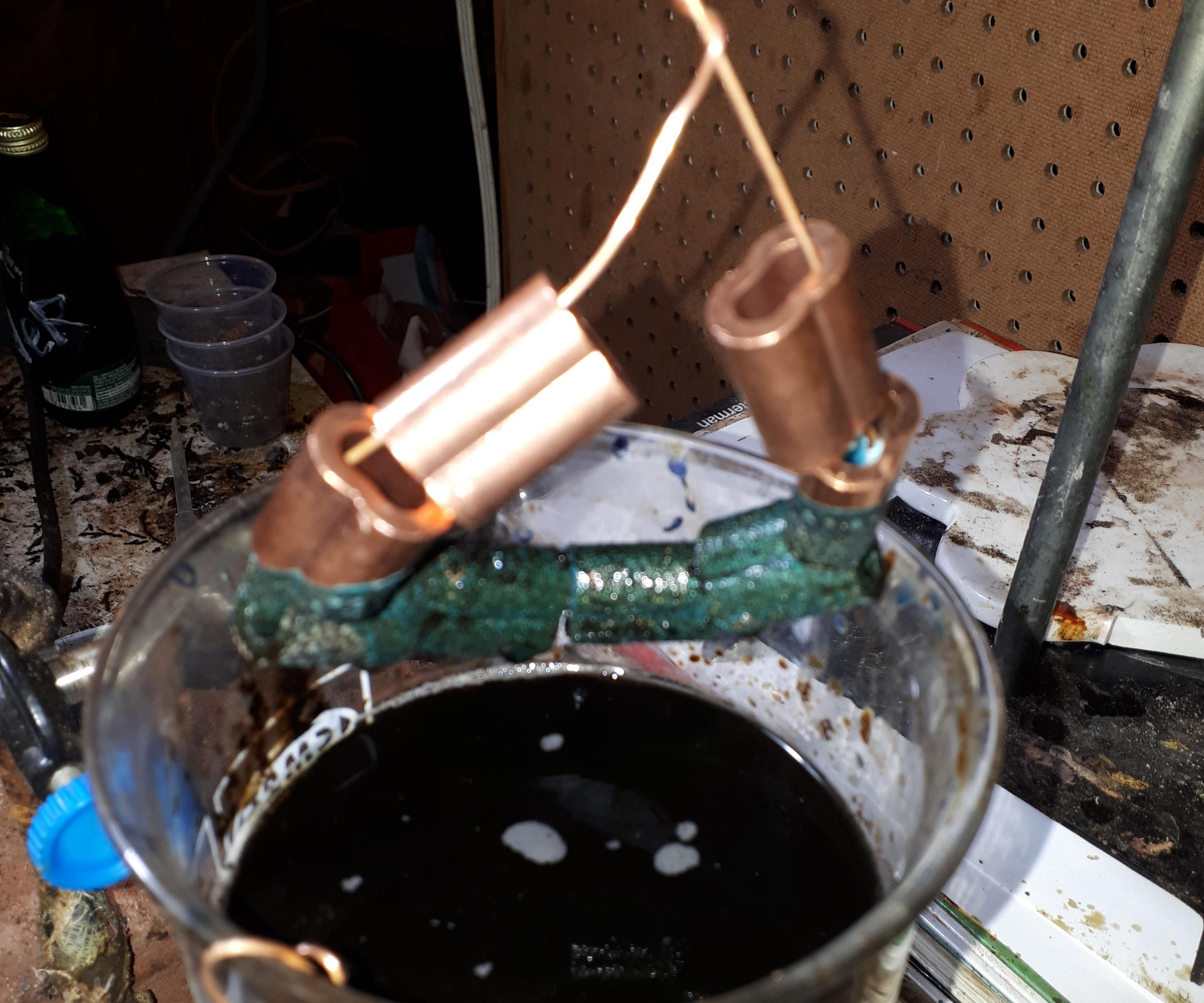 Potassium Permanganate , Sugar, Lye Electroplating Solution Onto Copper for making Art.