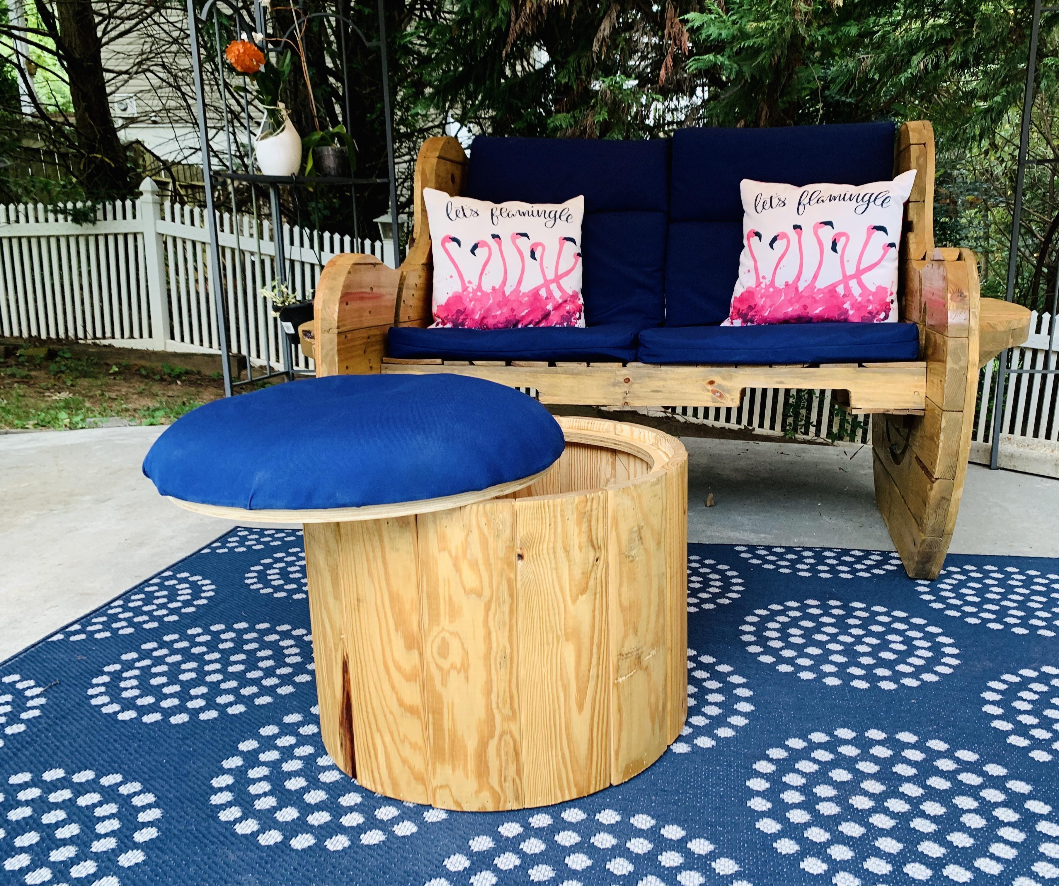 Upcycled Cable Spool Ottoman with Storage 