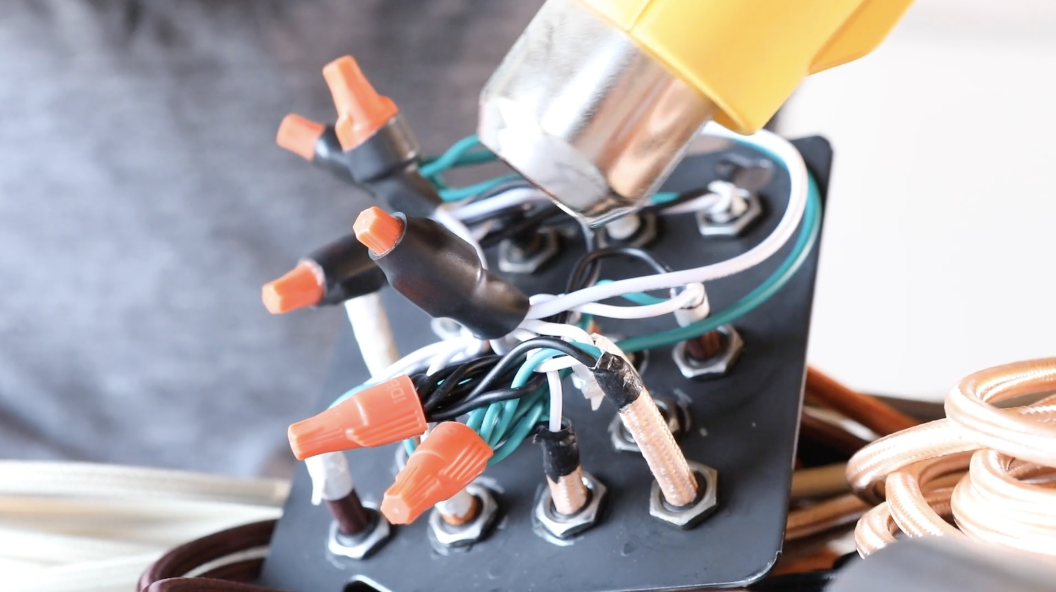 Connecting Wires to Junction Box Plate - Using Heat String Tubing - DIY Wooden Beam Light Fixture - Color Cord Company.png